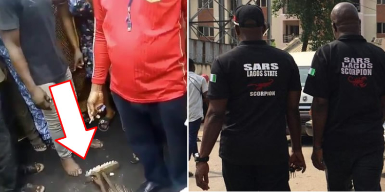 Left: Eyewitnesses surounding victim on the floor; Right: Filed photo of SARS Operatives