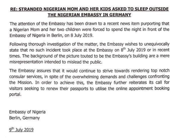 Nigerian Embassy in Germany denies asking stranded Nigerian woman and her two kids to sleep outside their office