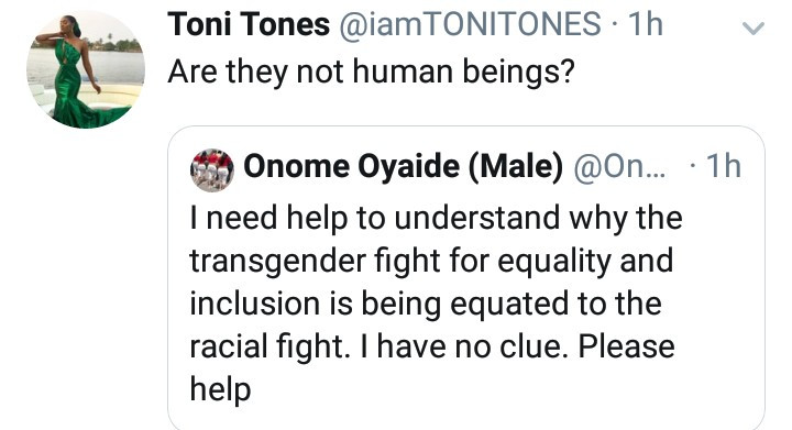 "Are they not human beings?" Toni Tones defends equality for transgenders