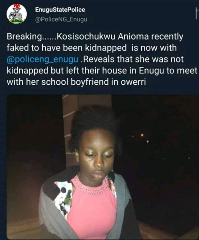 13-yr-old girl fakes her kidnap in Enugu to be with her boyfriend in Owerri