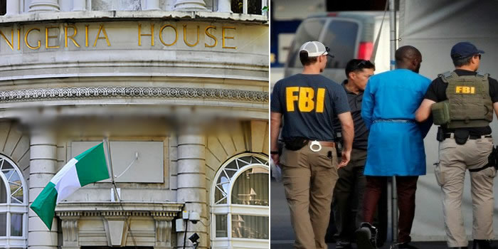 The Nigerian embassy in Washington DC, FBI agents carrying away Nigerian fraudster