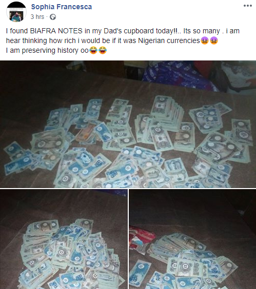 Lady shares photos of Biafran currencies she found in her Dad