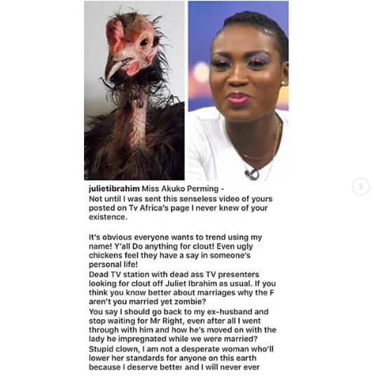 Actress Juliet Ibrahim blasts an OAP who advised her to return to her ex-husband