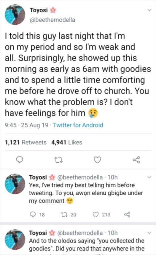 Lady narrates what a man did for her during her period
