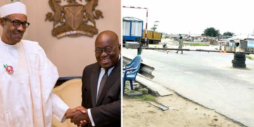 Left: Ghanaian President, President Nana Akufo-Addo and President Muhammadu Buhari; LEFT: A closed border from file