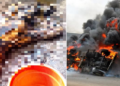 Left: Remains of woman who got burnt with her child; Right: a filed scene of tanker explosion