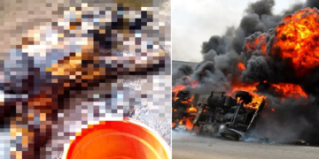 Left: Remains of woman who got burnt with her child; Right: a filed scene of tanker explosion