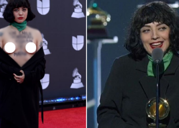 Chilean singer Mon Laferte shows her bare breasts as she goes topless on the Latin Grammys red carpet
