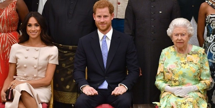 L-R Meghan Markle, Prince Harry and Queen Elizabeth
