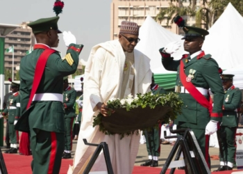 President Muhammadu Buhari Laying the Wreath during the Wreath Laying Ceremony to mark the end of 2020 Armed Forces Remembrance Day Celebrations held at the Eagle Square in Abuja