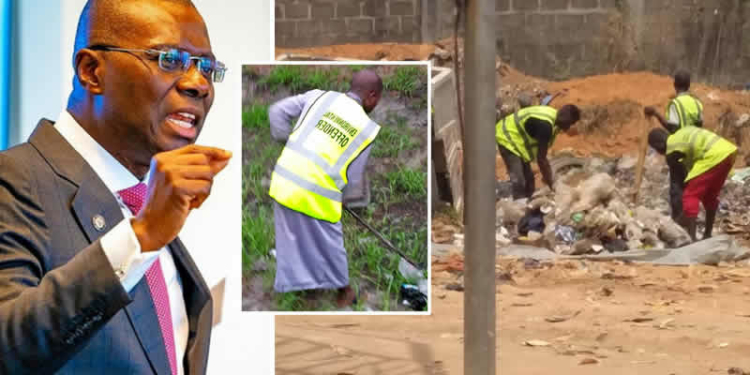 L-R: Lagos State Govenor Babajid Sanwo-Olu; Environmental offenders undergoing punishment (community labour) in Lagos state