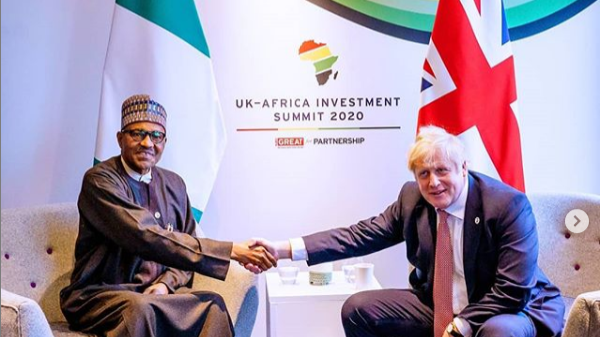 L-R President Muhammadu Buhari, UK Prime minister Boris Johnson