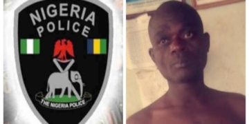 L-R logo of the Nigerian Police Force, suspect identified as Olanrewaju Bamidele