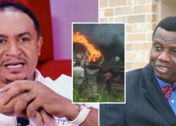 Daddy Freeze, Pastor Adeboye; INSET: Scene of fire incident