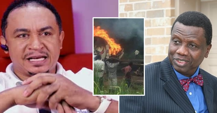 Daddy Freeze, Pastor Adeboye; INSET: Scene of fire incident
