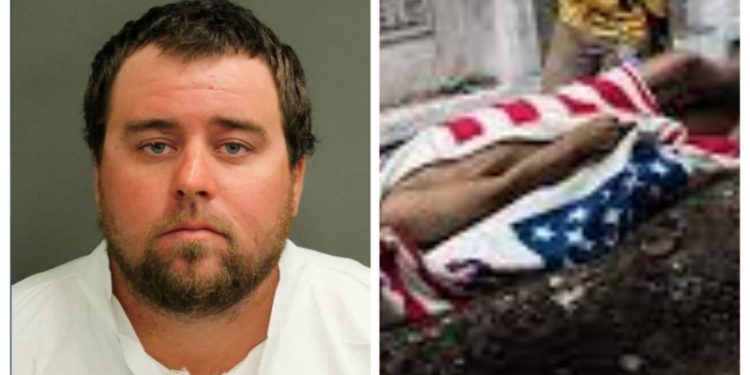 L-R Suspect identified as  Mason Toney, dead body wrapped with American flag (depiction only)