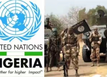 L-R United Nation's logo, depict of Boko Haram terorrists