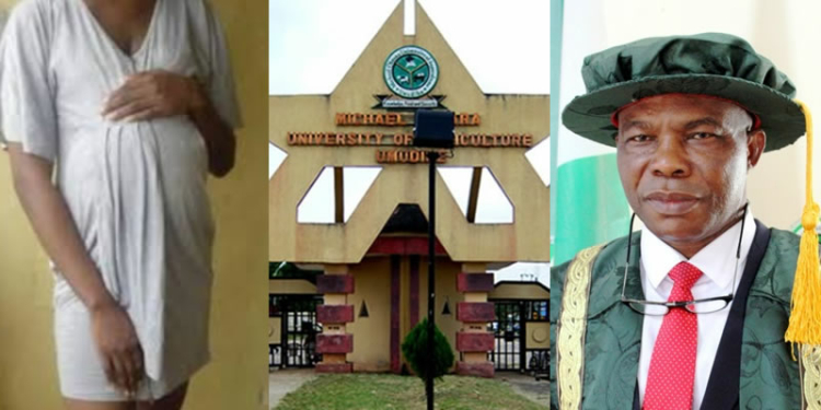 L-R: Depict of a pregnant student; Front Gate of Michael Okpara University of Agriculture, Umudike (MOUAU) in Abia State; VC Prof Francis Otunta