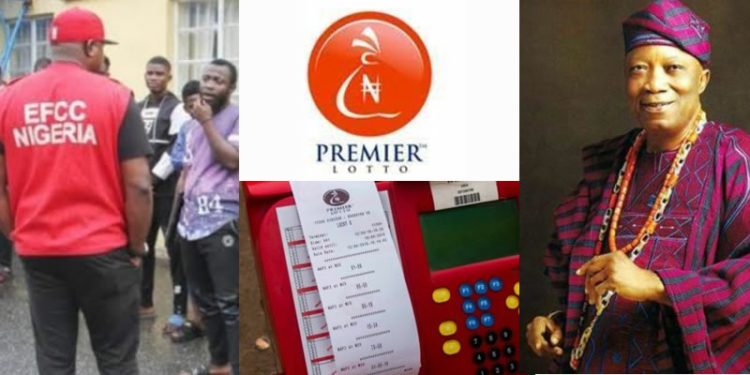 L-R: EFCC Official, Premier Lotto device and logo; Adebutu Kessington