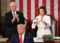 Picture showing US speaker Nancy Pelosi ripping off Trump's speech