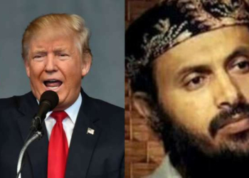 L-R US President Donald Trump, al-Qaeda leader Qassim al-Rimi