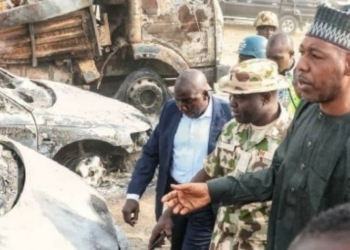 Gov Zulum at the scene of a Boko Haram attack