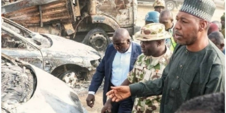 Gov Zulum at the scene of a Boko Haram attack
