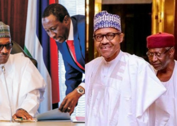 L-R President Buhari and the NSA, President Buhari and his chief of staff, Abba Kyari
