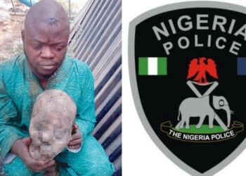 L-R  One Of The Ritualists Arrested With Skull, Nigeria Police Logo