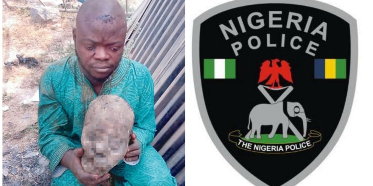 L-R  One Of The Ritualists Arrested With Skull, Nigeria Police Logo