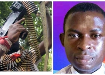 L-R Depict of unknown gunmen, the abducted Catholic priest