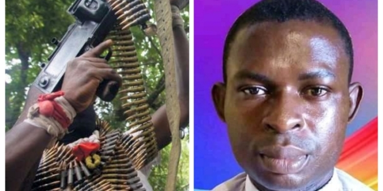 L-R Depict of unknown gunmen, the abducted Catholic priest