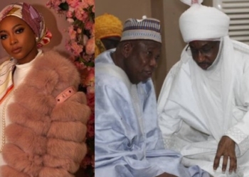 L-R Ganduje's daughter Fatima, Governor Umar Ganduje and deposed Emir Sanusi Lamido Sanusi II