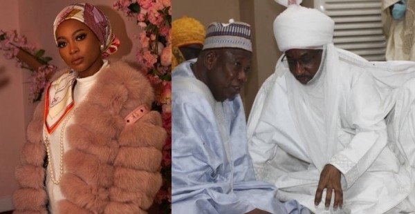 L-R Ganduje's daughter Fatima, Governor Umar Ganduje and deposed Emir Sanusi Lamido Sanusi II