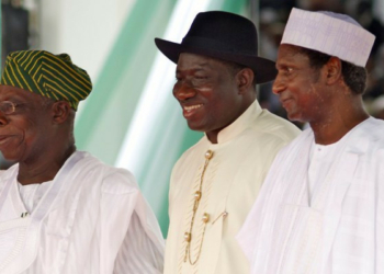 L-R ex-president Olusegun Obasanjo, ex-President Goodluck Jonathan and late Umaru Musa Yar'dua