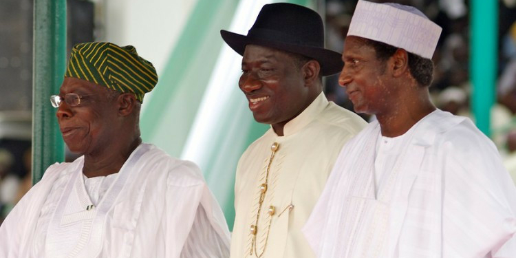 L-R ex-president Olusegun Obasanjo, ex-President Goodluck Jonathan and late Umaru Musa Yar'dua
