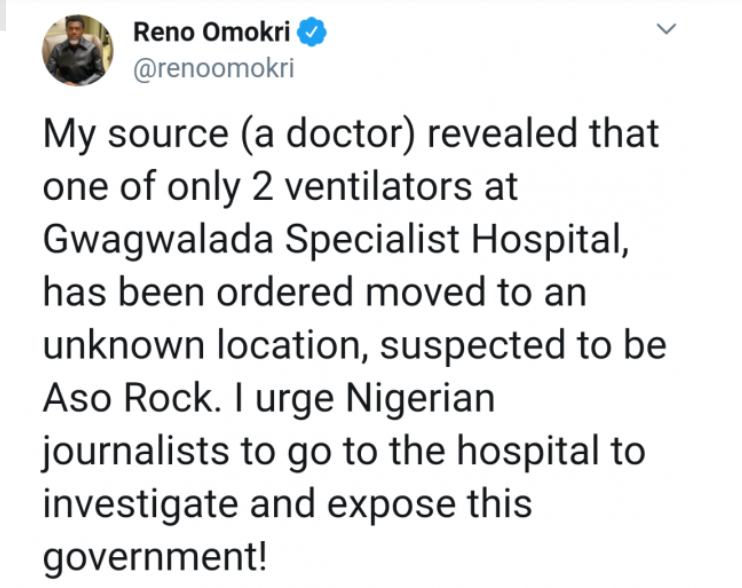 Gwagwalada Hospital ventilator moved to Aso Rock, Reno Omokri claims