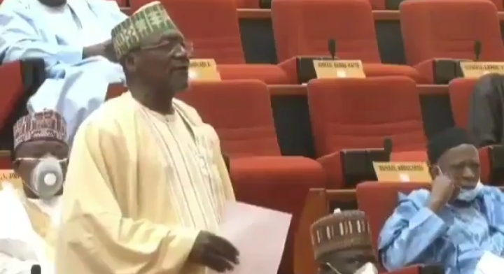 Moment a Nigerian Senator removed his face mask to sneeze during plenary