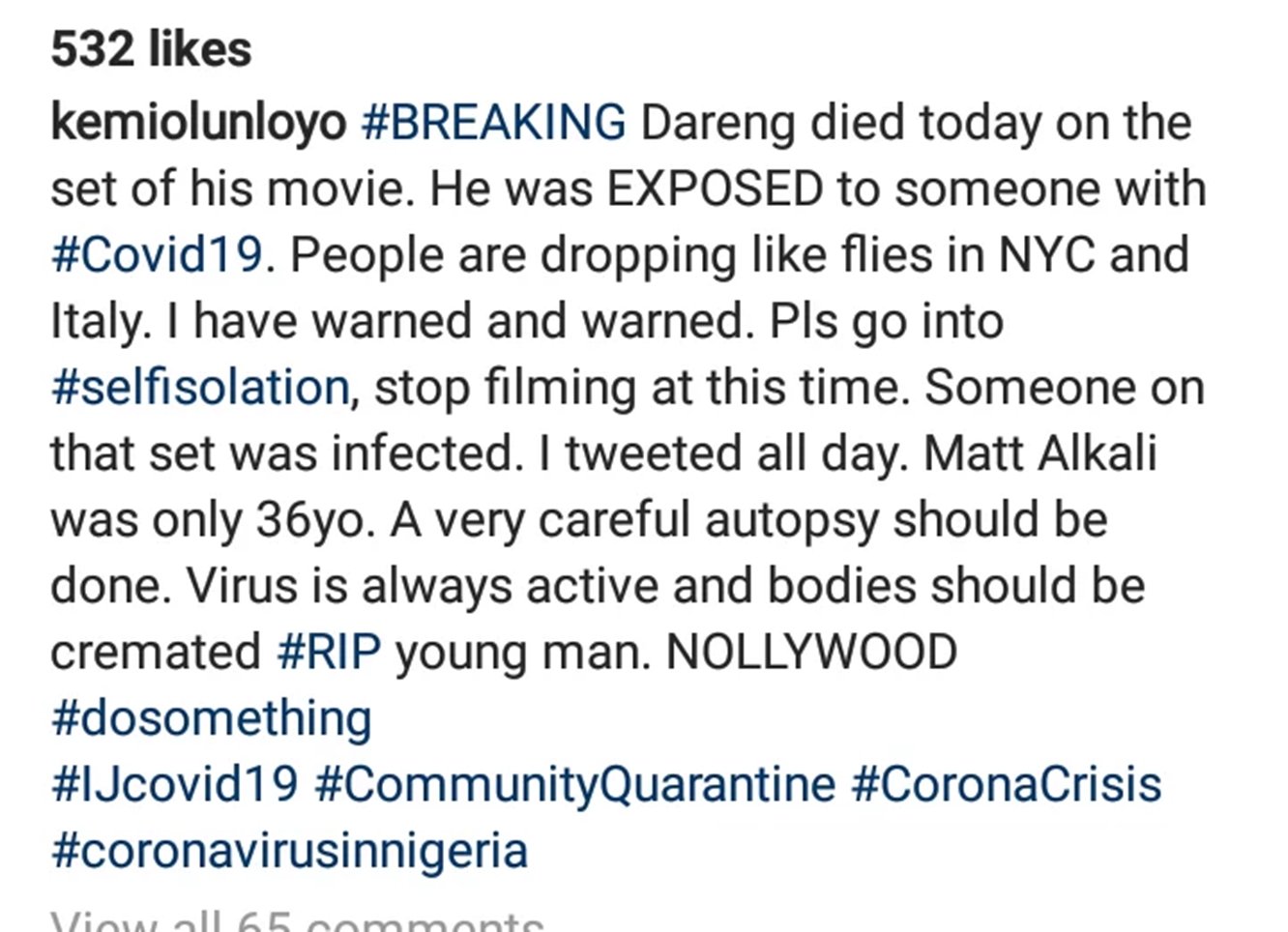 Actor Alkali Matt dies while filming on set, amidst rumours of being coronavirus positive