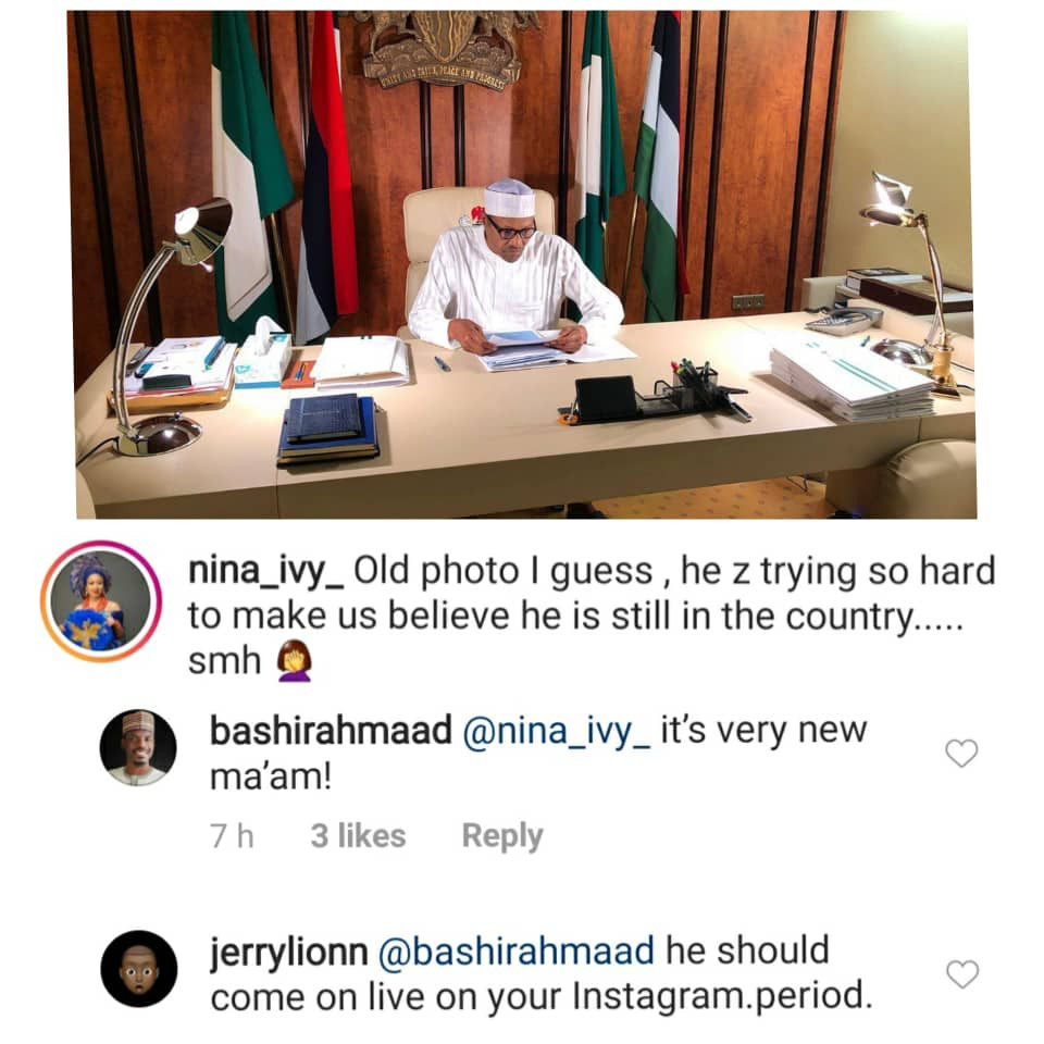 Bashir Ahmad replies Nina's claim that the photo of Buhari shared to deny coronavirus rumours is an old photo