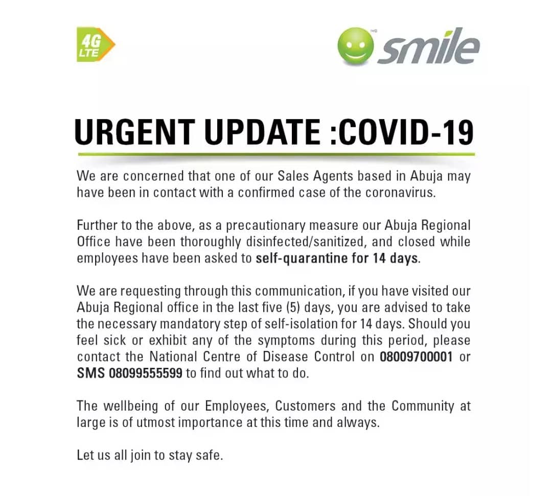 COVID-19: Self-Isolate If You Visited Our Abuja Office This Week, Smile Nigeria Raises Alarm