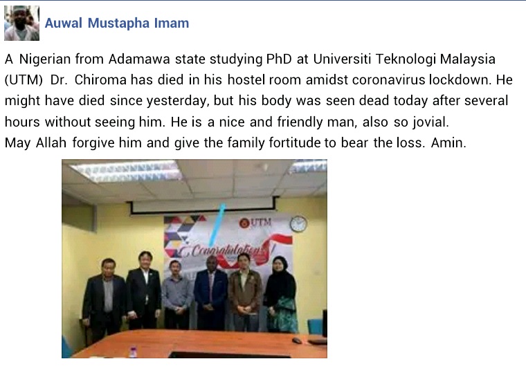 Nigerian PhD student allegedly found dead in hostel room in Malaysia amid Coronavirus lockdown