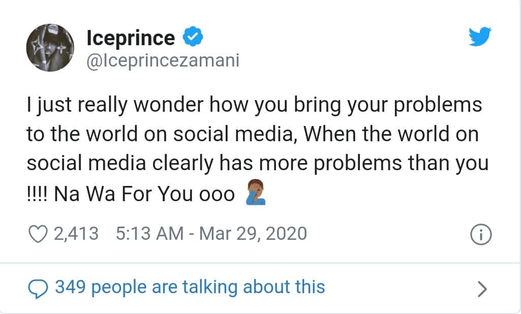 Ice Prince condemns people who share their problems on social media