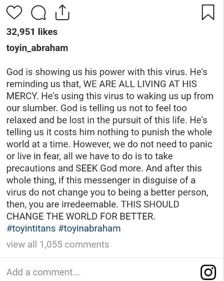 Toyin Abraham hints on what it seems God is trying to the do with the outbreak of Covid-19 epidemic
