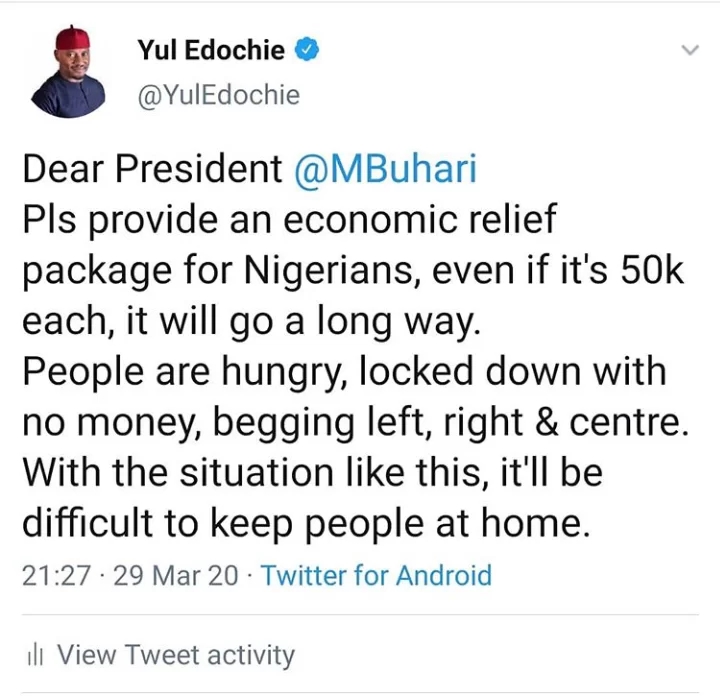 Give Nigerians N50,000 each, says Yul Edochie as celebrities react to 14 days Coronavirus Lockdown