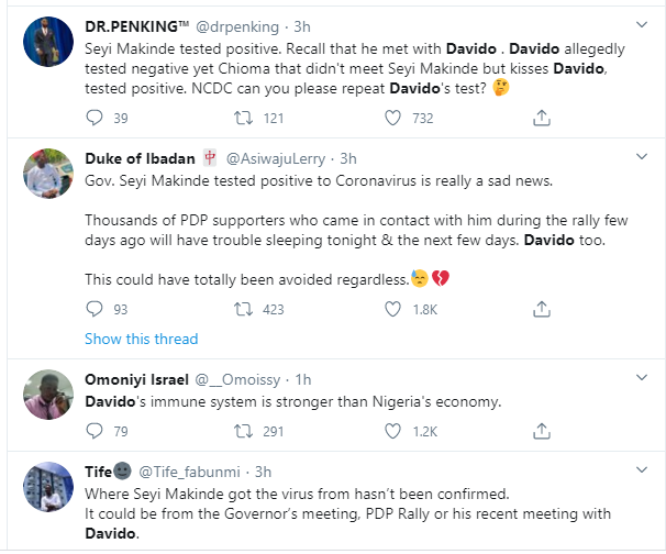 Davido should run a coronavirus test again, Nigerians react after Governor Makinde tested positive 
