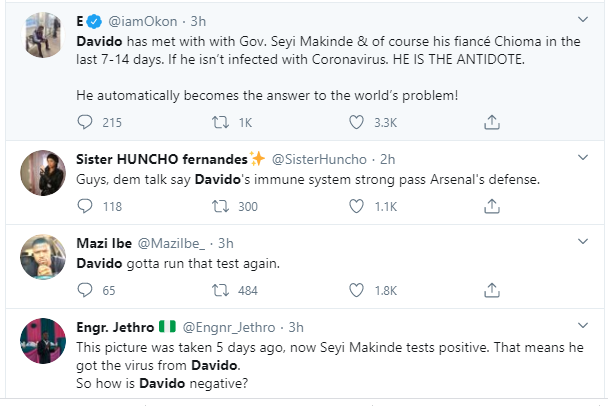 Davido should run a coronavirus test again, Nigerians react after Governor Makinde tested positive 