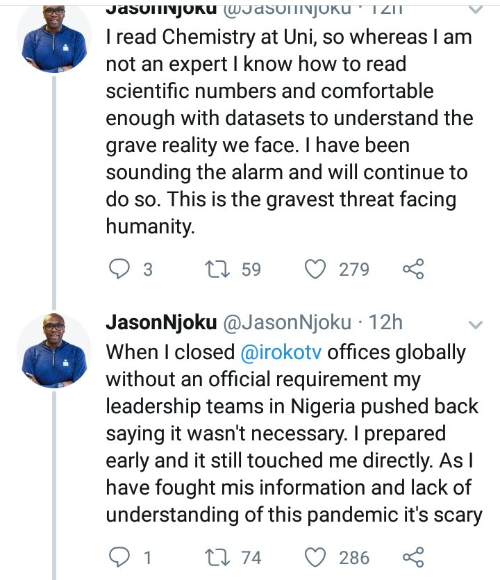 Jason Njoku narrates how his 73-year-old mother almost died from coronavirus