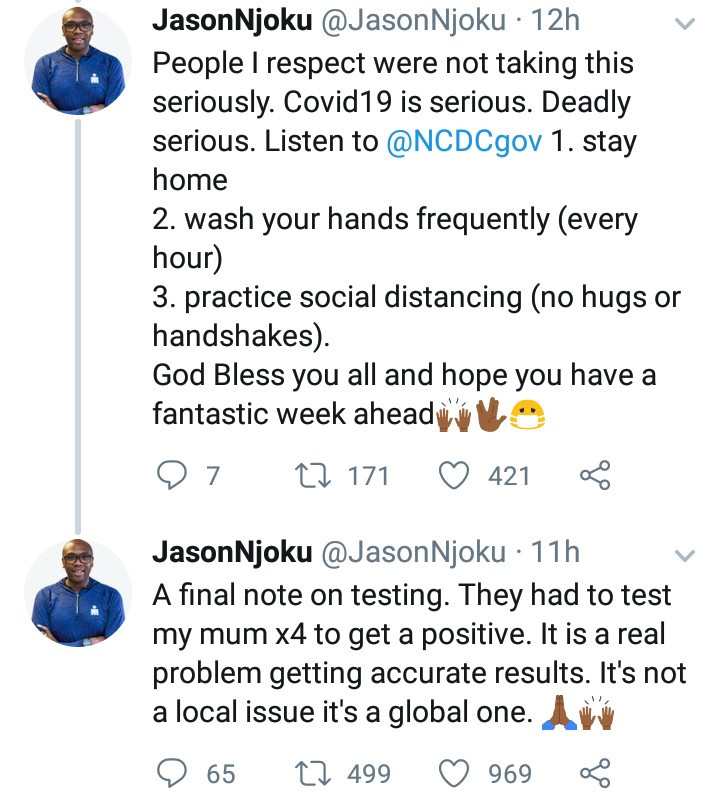 Jason Njoku narrates how his 73-year-old mother almost died from coronavirus