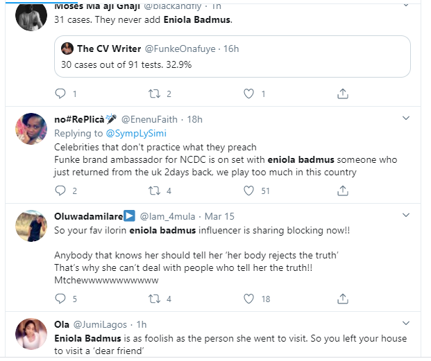 Eniola Badmus called out for not self-isolating after returning from UK